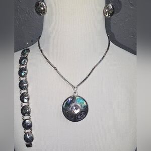 Vintage-Rare Sterling Siver Abalone Necklace, Earrings & Bracelet set (T2252)